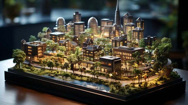 Eco-friendly modern city model on table..