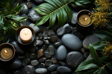 Obraz na płótnie Canvas Spa setting featuring candles and stones, nestled amidst lush tropical foliage, on a light grey backdrop, inviting calmness, Generative AI