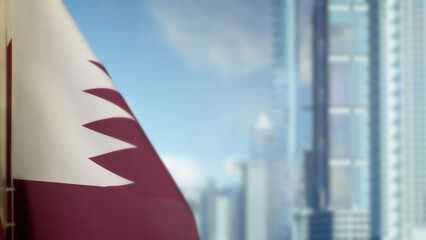 flag of Qatar on modern city architecture bokeh backdrop for memorial day - abstract 3D rendering