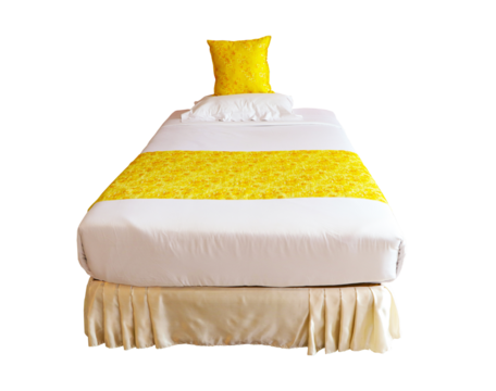 White bed with stripes isolated on cut out PNG. Comfortable bed with soft white mattress and pillows indoors and yellow blanket. Small bed can only accommodate one person in hotel or apartment.
