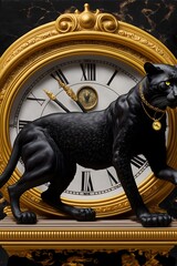 3d black panther clock with ornate clock face and hands embossed with gold leaf and fine details a grand clock to sit upon a mantle in a wealthy mans library 