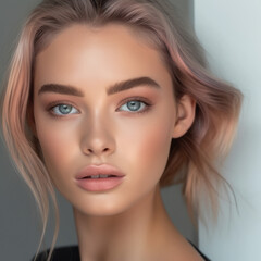 Naklejka premium Portrait of a beautiful young woman with blonde hair and blue eyes. Close up portrait of attractive young adult girl with professional make-up. Stunning fashion model looking to the camera