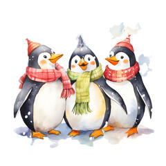 cute penguin on Christmas, watercolor illustration, hand draw cartoon