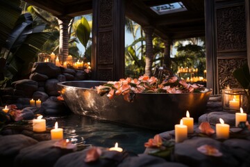 Fototapeta na wymiar Tropical spa oasis, with candles and stones, set against a natural flower backdrop, creating a harmonious and serene atmosphere, Generative AI
