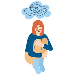 Female character depressed, stress. Depressed unhappy woman sitting on the floor with confused thoughts in her head