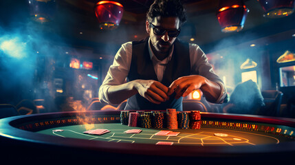 Casino concept, banner game design, holds playing cards, Website header, Poker chips, jackpot winner, holding money, leisure concept, template for advertising