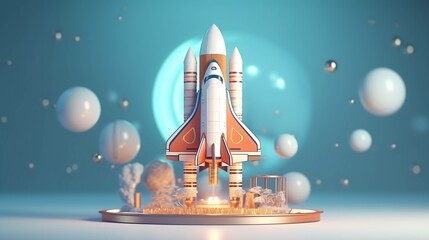 Obraz premium Futuristic rocket launch from a vibrant city into space.