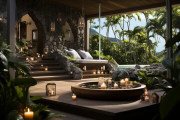 Fototapeta na wymiar Tropical spa retreat featuring candles and stones, nestled amidst lush greenery, on a light grey backdrop, inviting tranquility, Generative AI