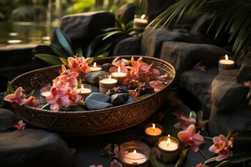 Obraz na płótnie Canvas Tropical spa retreat with candles and stones, complemented by a background of natural flowers, enhancing the sense of tranquility, Generative AI