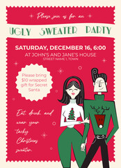 Ugly sweater party invitation. Retro Christmas party poster. 60s - 70s style couple in sweaters characters. 