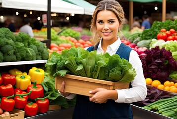 Woman sells ripe organic vegetables at a farmers market. Generative Ai