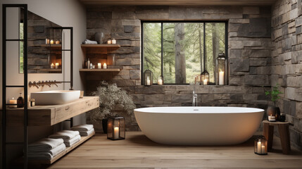 Fototapeta na wymiar Interior of luxurious home bathroom with bathtub.