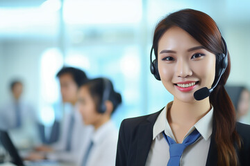 young woman working as a call center operator, wearing headphones with smile and good service