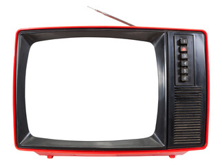 Front panel of red vintage portable CRT television set made in USSR with cut out screen isolated on...