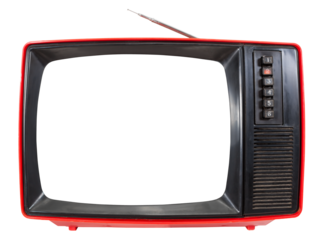 Front panel of red vintage portable CRT television set made in USSR with cut out screen isolated on white background. Retro technology concept