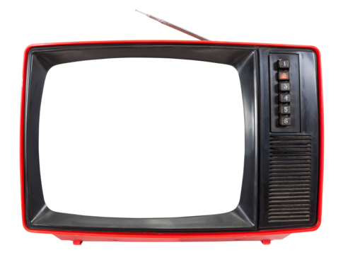 Front panel of red vintage portable CRT television set made in USSR with cut out screen isolated on white background. Retro technology concept