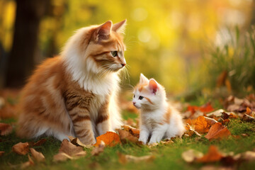 Naklejka na ściany i meble Cat and kitten walking together in nature in the autumn forest