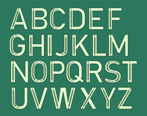 Unique alphabet with green new year tree branches in simple geometric style.