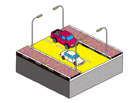 90年代の車が道路を走るイメージイラスト素材