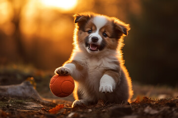 funny fluffy puppy playing with a ball in the autumn park, ai technology