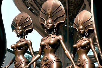 Nadme and Pakiri and Aenysis as legendary statues at the entrance to a futuristic metropolis black women three sisters afrofuturism 
