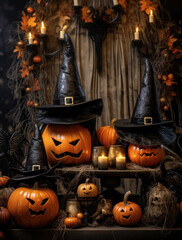 Halloween pumpkins in witch hats. Decorating the house for the holiday. Jack of the Lantern.