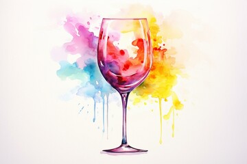 Colorful watercolor painting of wine glass with lively texture and blank space for copy. Generative AI - obrazy, fototapety, plakaty