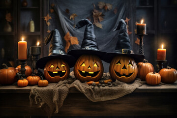Halloween pumpkins in witch hats. Decorating the house for the holiday. Jack of the Lantern.