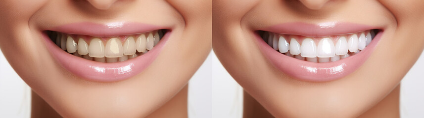 Visual display of teeth transformation through professional whitening. Before and after collage - obrazy, fototapety, plakaty
