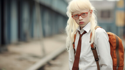 Obraz premium Albino elementary school student wearing school uniform to school