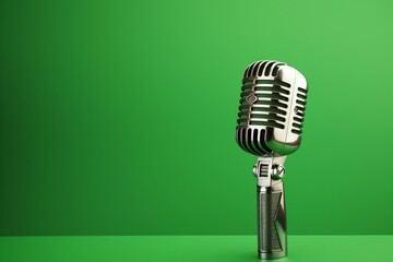 Old-fashioned microphone on a green backdrop. Generative AI