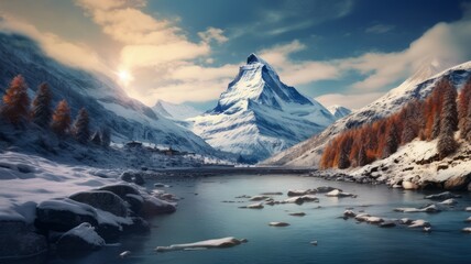 Vintage Swiss Alps Landscape with Snowy Peaks and River