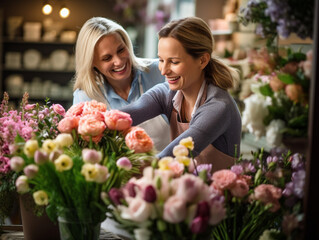 Radiant Florist Crafting a Beautiful Bouquet as a Customer Watches with Delight, Capturing the Essence of Nature's Beauty and Personal Connection