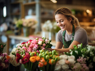 Radiant Florist Crafting a Beautiful Bouquet as a Customer Watches with Delight, Capturing the Essence of Nature's Beauty and Personal Connection
