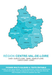 Carte de la région Centre-Val-de-Loire, ses départements et ses villes