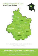 Carte de la r&eacute;gion Centre-Val-de-Loire, ses d&eacute;partements et ses villes