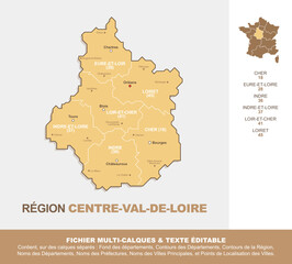 Carte de la région Centre-Val-de-Loire, ses départements et ses villes
