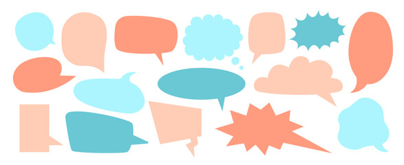 Empty speech boxes, colored chat message icons, thinking signs. Outline vector illustrations isolated on white background