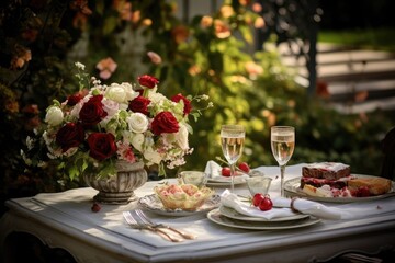 Beautifully set outdoor garden table, decorated with flowers, candles and fine dining elements.