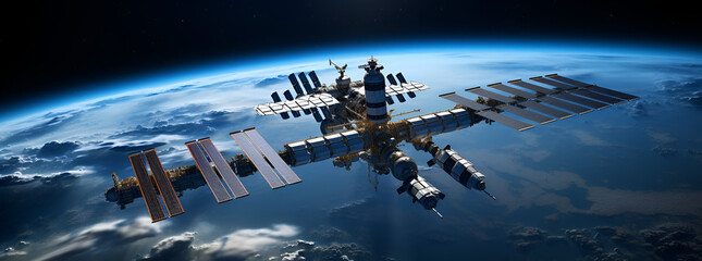 Illustration of international space station, spaceship or satellite, flying in orbit around planet Earth