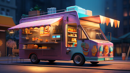 Food truck street food mobile fast food 3d rendering - obrazy, fototapety, plakaty
