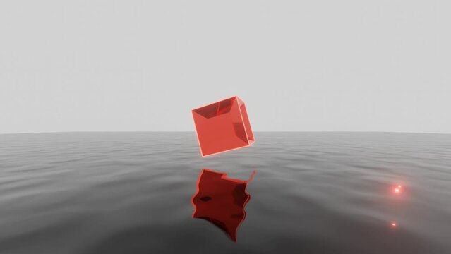 Red mirror cube floating on a dark water surface. Abstract 3d animation with simple geometric shape.