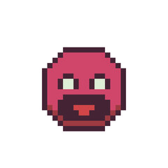 Red sad emoticon face pixel art icon angry cartoon character. Show the language of emotion. Flat style. 8-bit style. Isolated abstract vector illustration.