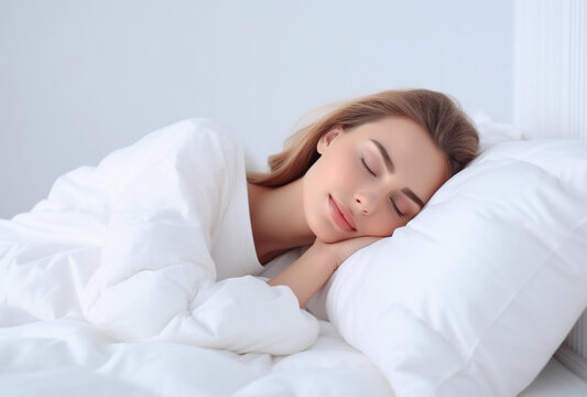 A beautiful young woman lies smiling and sleeps on the bed in the bedroom. happily