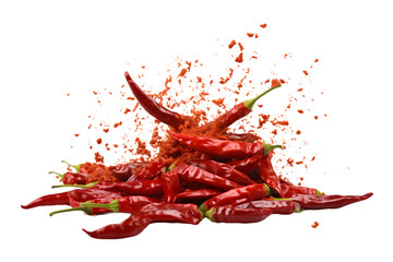 Sliced falling bursting red hot chili peppers isolated on white background. with clipping path, focus stacking white background