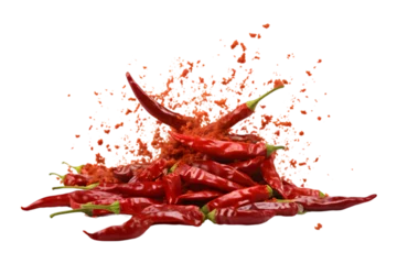 Fotobehang Hete pepers Sliced falling bursting red hot chili peppers isolated on white background. with clipping path, focus stacking white background