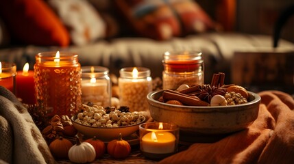 Pumpkin spice potpourri and candles, cozy background layout