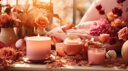 Pumpkin spice potpourri and candles, cozy background layout