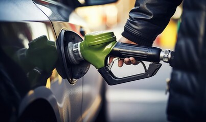 The refueling nozzle is inserted into the tank of the vehicle - obrazy, fototapety, plakaty