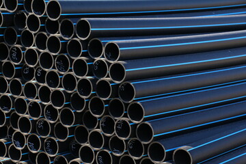 PE pipe plant, Industrial PE pipeline for gas and water. HDPE pipe, Polyethylene PE100 pipe. Polyethylene pipe plant